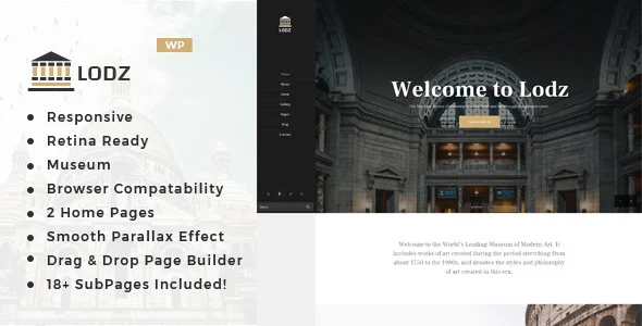 Lodz - Museum & Exhibition WordPress Theme WordPress theme homepage layout for a Antiquities museum nonprofit website