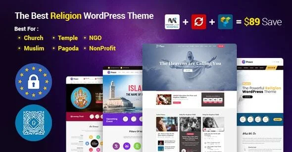 Peace - Church / Muslims / Temple WordPress Theme WordPress theme homepage layout for a charity nonprofit website