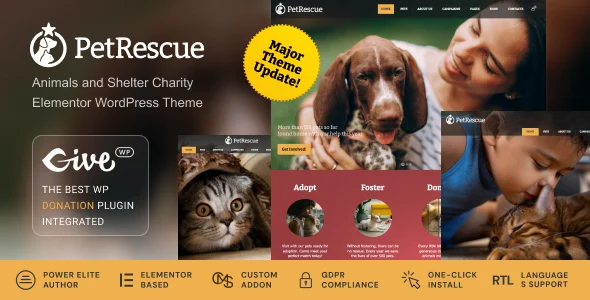 Pet Rescue - Animals and Shelter Charity WP Theme WordPress theme homepage layout for a animal nonprofit website