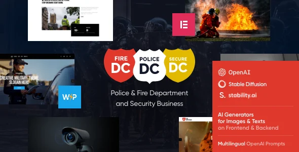 Police Department - Fire & Security WordPress Theme WordPress theme homepage layout for a body guard nonprofit website