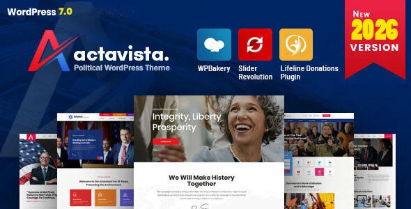 Actavista - A 2026 Political WordPress Theme for Party, Campaigns and Candidates WordPress theme homepage layout for a campaign political campaign website