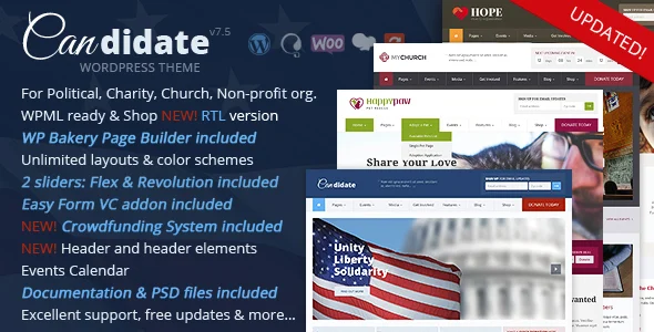 Candidate - Political/Nonprofit/Church WordPress Theme WordPress theme homepage layout for a candidate political campaign website
