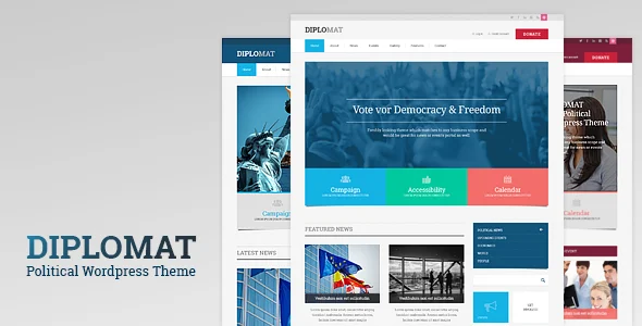 Diplomat | Political Campaign, Party, Blog Responsive WordPress Theme WordPress theme homepage layout for a candidate political campaign website