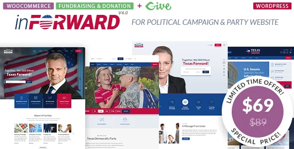 inForward - Political Campaign and Party WordPress Theme WordPress theme homepage layout for a campaign political campaign website