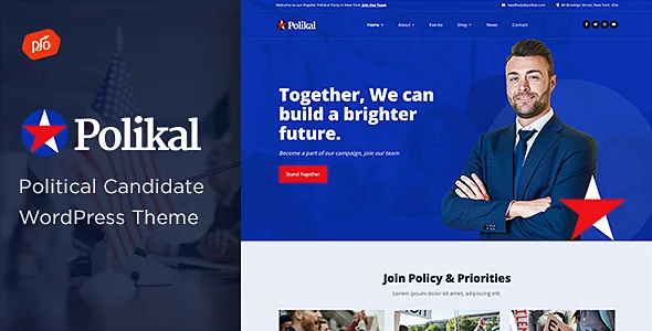 Polikal - Political Candidate & Party WordPress Theme WordPress theme homepage layout for a action political campaign website
