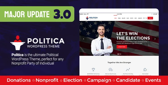 Politica - A Modern Political Party & Candidate WordPress Theme WordPress theme homepage layout for a candidate political campaign website