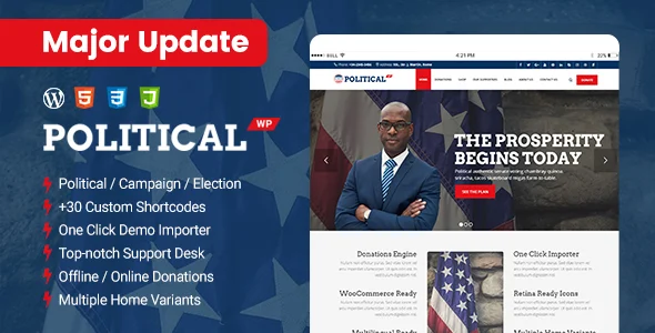 PoliticalWP - Political Campaign WordPress Theme WordPress theme homepage layout for a candidate political campaign website