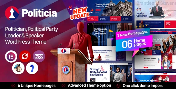 Politicia - Politician & Speaker WordPress Theme WordPress theme homepage layout for a campaign political campaign website