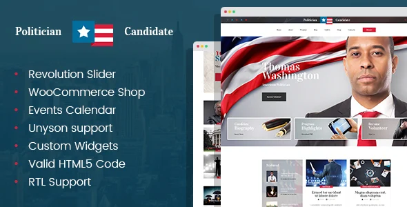Politician - political party candidate modern WordPress theme WordPress theme homepage layout for a ballot political campaign website