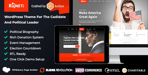 Rajneti - Political WordPress Theme for Parties, Candidates & Campaigns WordPress theme homepage layout for a campaign political campaign website
