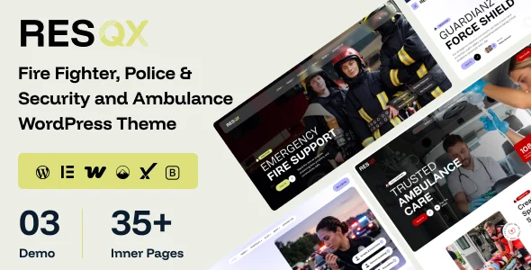 Rescuex – Fire Fighter, Police & Security and Ambulance WordPress Theme WordPress theme homepage layout for a ambulance nonprofit website