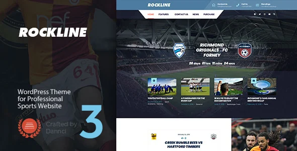 Rockline - Sport News and Club WordPress Theme WordPress theme homepage layout for a baseball nonprofit website