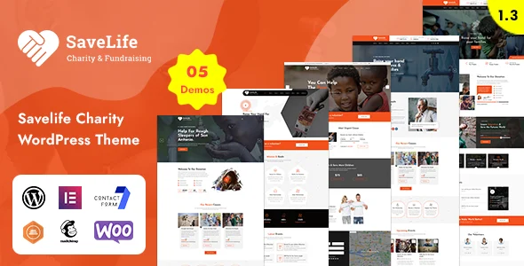 Savelife - Charity & Donation WordPress Theme WordPress theme homepage layout for a charity nonprofit website