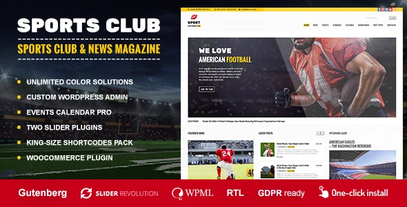 Sports Club - Soccer News & Football WordPress Theme WordPress theme homepage layout for a business nonprofit website