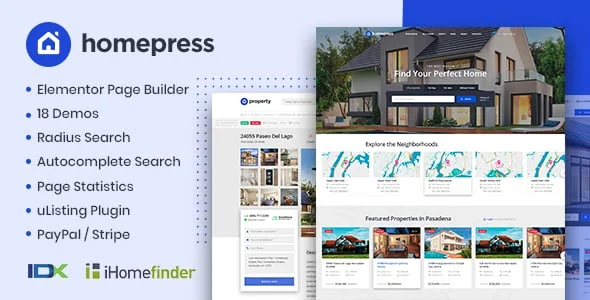 HomePress - Real Estate WordPress Theme — homepage layout