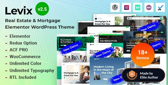 Levix - Real Estate & Mortgage Elementor WordPress Theme — homepage layout