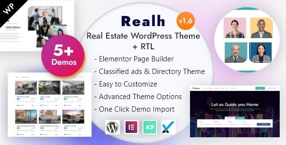 Realh - Real Estate, Housing & Property Listings Elementor WordPress Theme — homepage layout