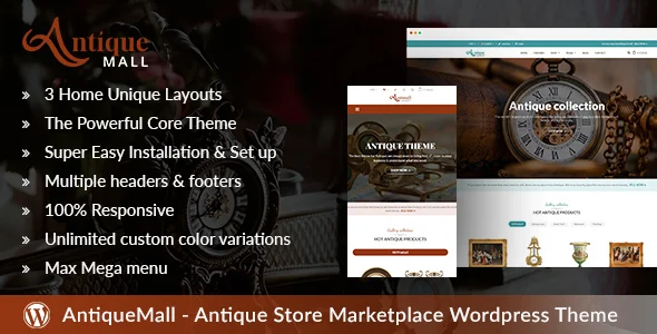AntiqueMall - Antique Store Marketplace WordPress Theme WordPress theme homepage layout for a accessories retail website