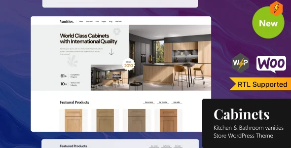 Cabinets - Kitchen & Bathroom vanities Store WordPress Theme WordPress theme homepage layout for a bathroom vanities retail website