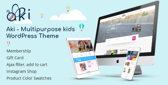 Aki - Multipurpose Kids WordPress Theme WordPress theme homepage layout for a baby care children’s business website