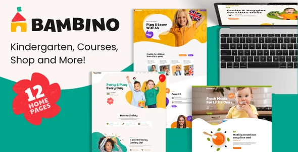 Bambino - Child & Baby Care WordPress Theme WordPress theme homepage layout for a baby children’s business website