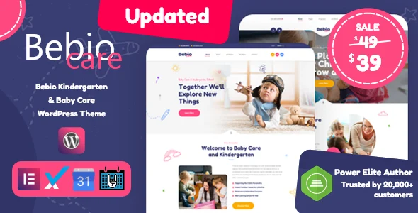 Bebio - Kindergarten & Baby Care WordPress Theme WordPress theme homepage layout for a baby care children’s business website