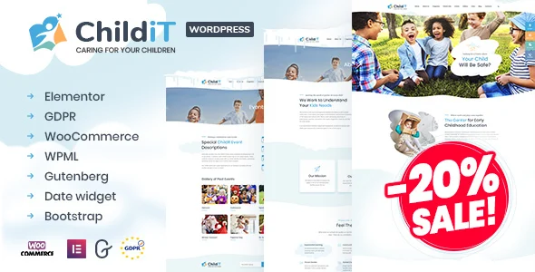 Childit - Kindergarten Elementor WordPress Theme WordPress theme homepage layout for a baby children’s business website