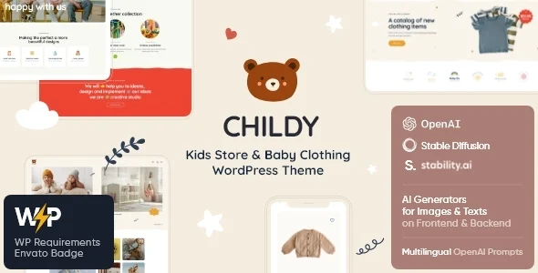 Childy — Kids Store & Baby Clothing Shop WordPress Theme WordPress theme homepage layout for a baby care children’s business website