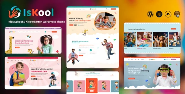 IsKool - kids School & Kindergarden WordPress Theme WordPress theme homepage layout for a academy children’s business website