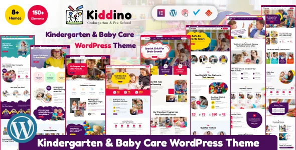Kiddino - Kids, School & Kindergarten WordPress Theme WordPress theme homepage layout for a baby children’s business website