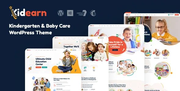 Kidearn - Kindergarten & Baby Care WordPress Theme WordPress theme homepage layout for a baby care children’s business website