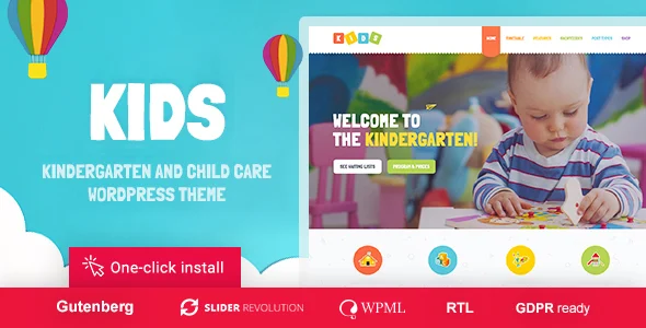 Kids - Day Care & Kindergarten WordPress Theme for Children WordPress theme homepage layout for a baby children’s business website