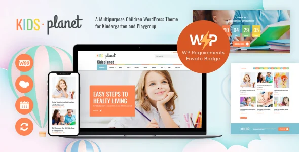 Kids Planet - Children Kindergarten and Playgroup WordPress Theme WordPress theme homepage layout for a babysitter children’s business website