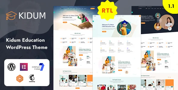 Kidum - LMS & Education WordPress Theme WordPress theme homepage layout for a academy children’s business website