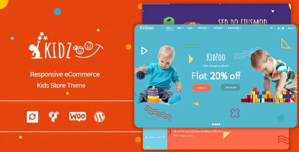 Kidzoo - Children and Baby Store WordPress eCommerce Theme WordPress theme homepage layout for a baby children’s business website