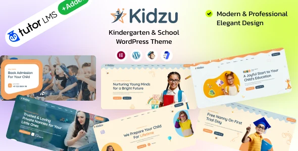 Kidzu - Kindergarten & School WordPress Theme WordPress theme homepage layout for a child care children’s business website