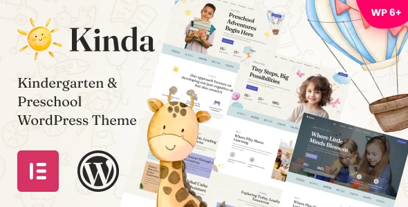 Kinda - Kindergarten & Preschool WordPress Theme WordPress theme homepage layout for a baby children’s business website