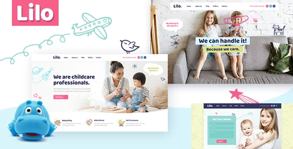 Lilo - Kindergarten WordPress Theme WordPress theme homepage layout for a baby children’s business website