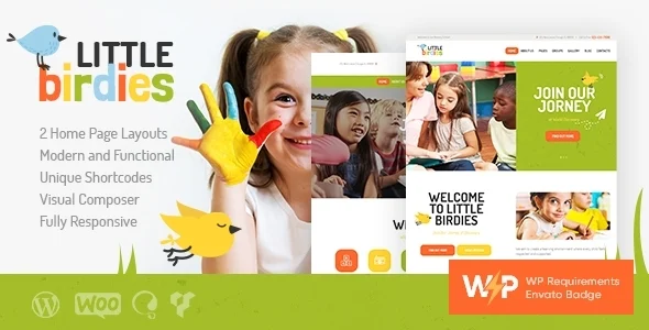Little Birdies | Children Kindergarten WordPress Theme WordPress theme homepage layout for a Arts & Crafts children’s business website