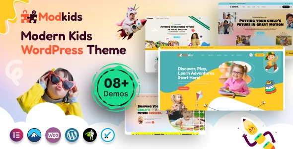 Modkids - Modern Kids WordPress Theme WordPress theme homepage layout for a academy children’s business website