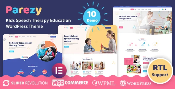 Parezy - Kids Speech Therapy Education WordPress Theme WordPress theme homepage layout for a child therapist children’s business website
