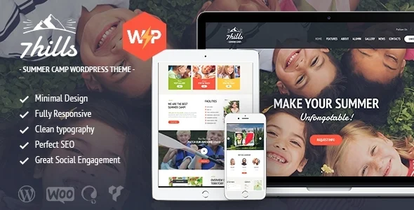 SevenHills - Hiking Summer Camp Children WordPress Theme WordPress theme homepage layout for a camp activities children’s business website