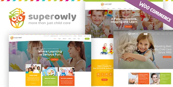 SuperOwly - Kids WordPress Theme WordPress theme homepage layout for a baby sitter children’s business website
