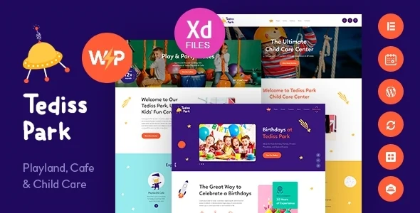 Tediss | Play Area & Child Care Center WordPress Theme WordPress theme homepage layout for a amusement center children’s business website