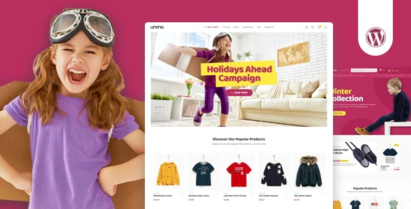 Uneno - Kids Clothing & Toys Store WooCommerce Theme WordPress theme homepage layout for a baby clothing children’s business website