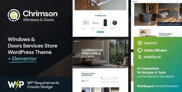 Chrimson | Windows & Doors Installation Services Store WordPress Theme + AI WordPress theme homepage layout for a business retail website