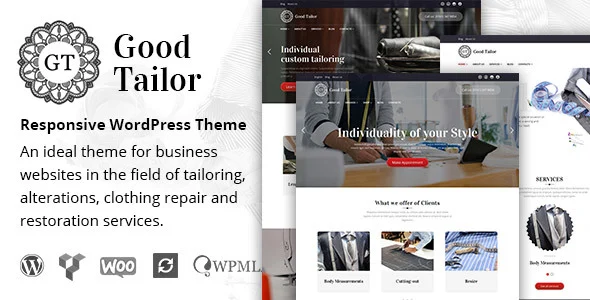 Good Tailor - Fashion & Tailoring Services WordPress Theme WordPress theme homepage layout for a alterations fashion website