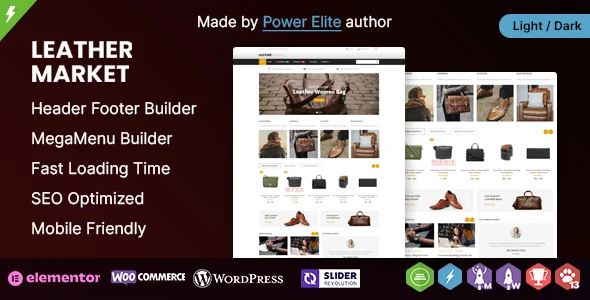 Leather Market WP - WooCommerce Responsive Theme WordPress theme homepage layout for a bags fashion website