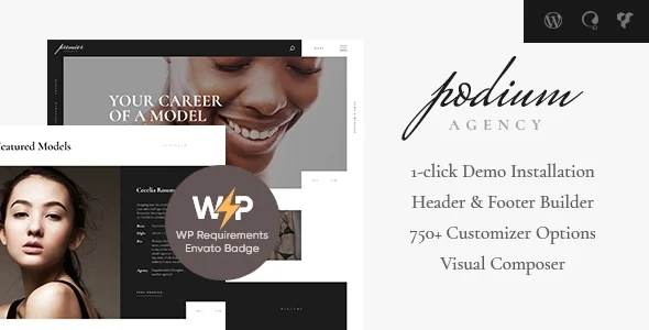 Podium | Fashion Model Agency WordPress Theme WordPress theme homepage layout for a clean fashion website
