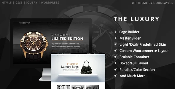 The Luxury - Dark / Light Responsive WordPress WordPress theme homepage layout for a bags fashion website